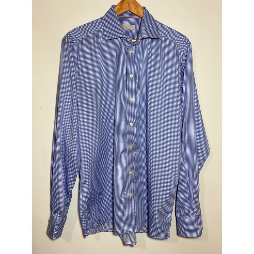 Eton Contemporary Gingham Dress Shirt Mens Size 44 17.5 Blue White Long‎ Sleeve